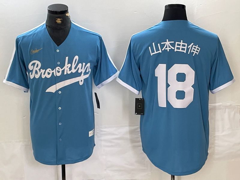 Men Los Angeles Dodgers 18 Yamamoto Light blue Throwback 2024 Nike MLB Jersey style 3